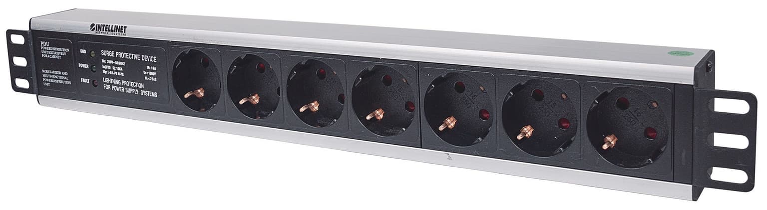 Intellinet 19" 1.5U Rackmount 7-Output Power Distribution Unit (PDU) EU CEE 7/3 Outlets, With Surge Protection, Built-in 3m Power Cord with EU CEE 7/4 Plug