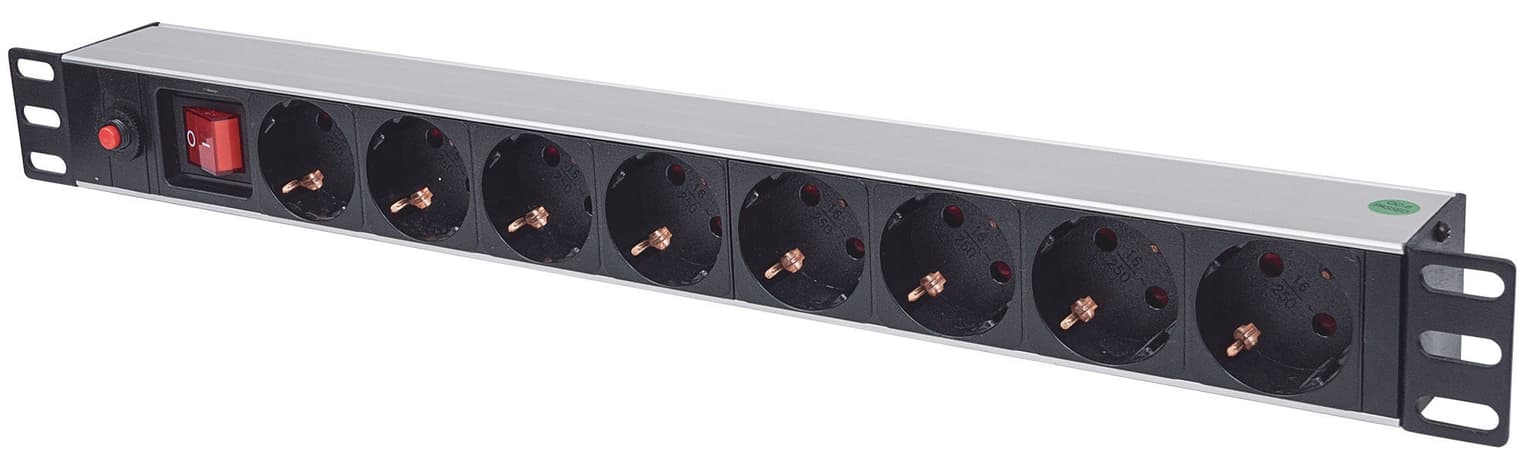 Intellinet 19" 1U Rackmount 8-Output Power Distribution Unit (PDU) EU CEE 7/3 Outlets, With On/Off Switch and Overload Protection, Built-in 3m Power Cord with EU CEE 7/4 Plug